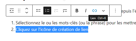 création d'un lien via gutenberg wordpress